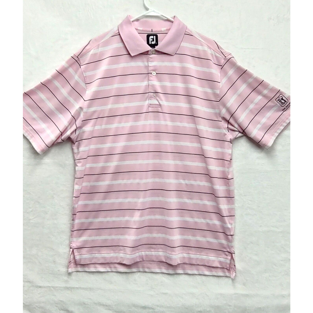 Footjoy FJ Polo Shirt Men's L Pink Black Striped Golf TPC San Antonio Logo‎
